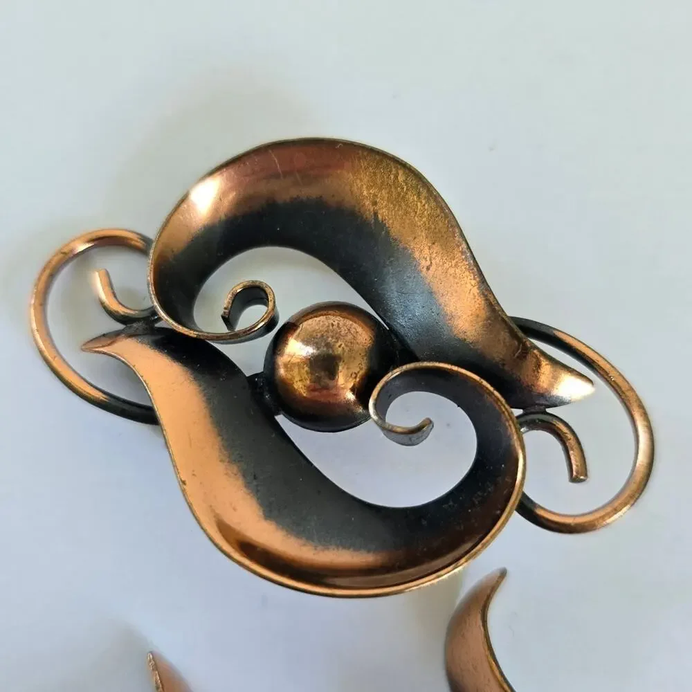Vintage Bell Trading Post Brooch Earring Copper Swirl Modernist 1960s Western